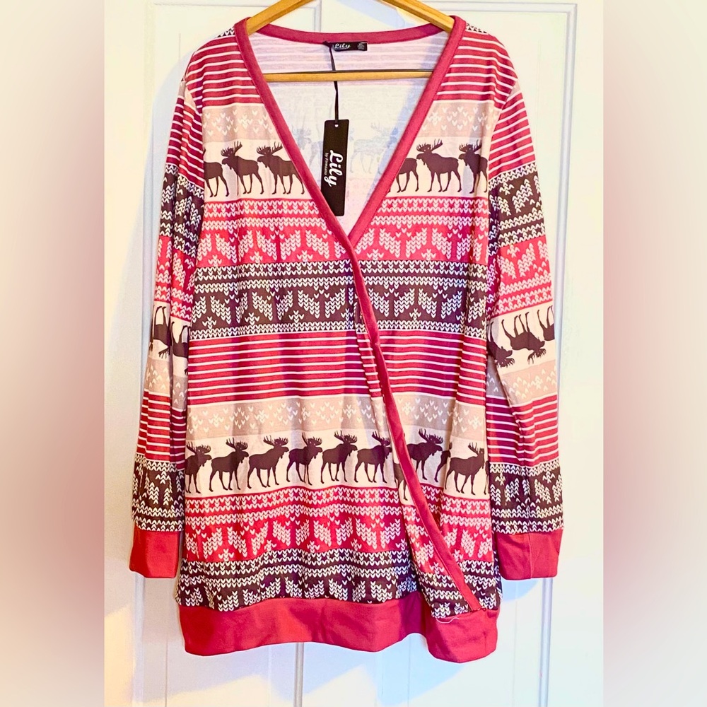 Womens XL Lily by Firmiana winter holiday deer faux wrap top NWT